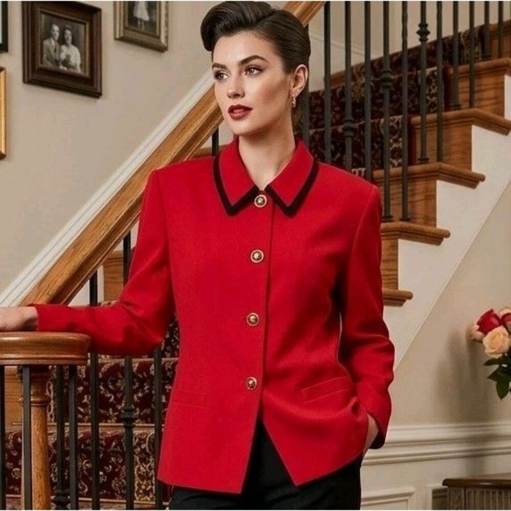 Le Suit Vintage Red & Black Blazer Womens Gold Crest Buttons Wear 90s Size 16